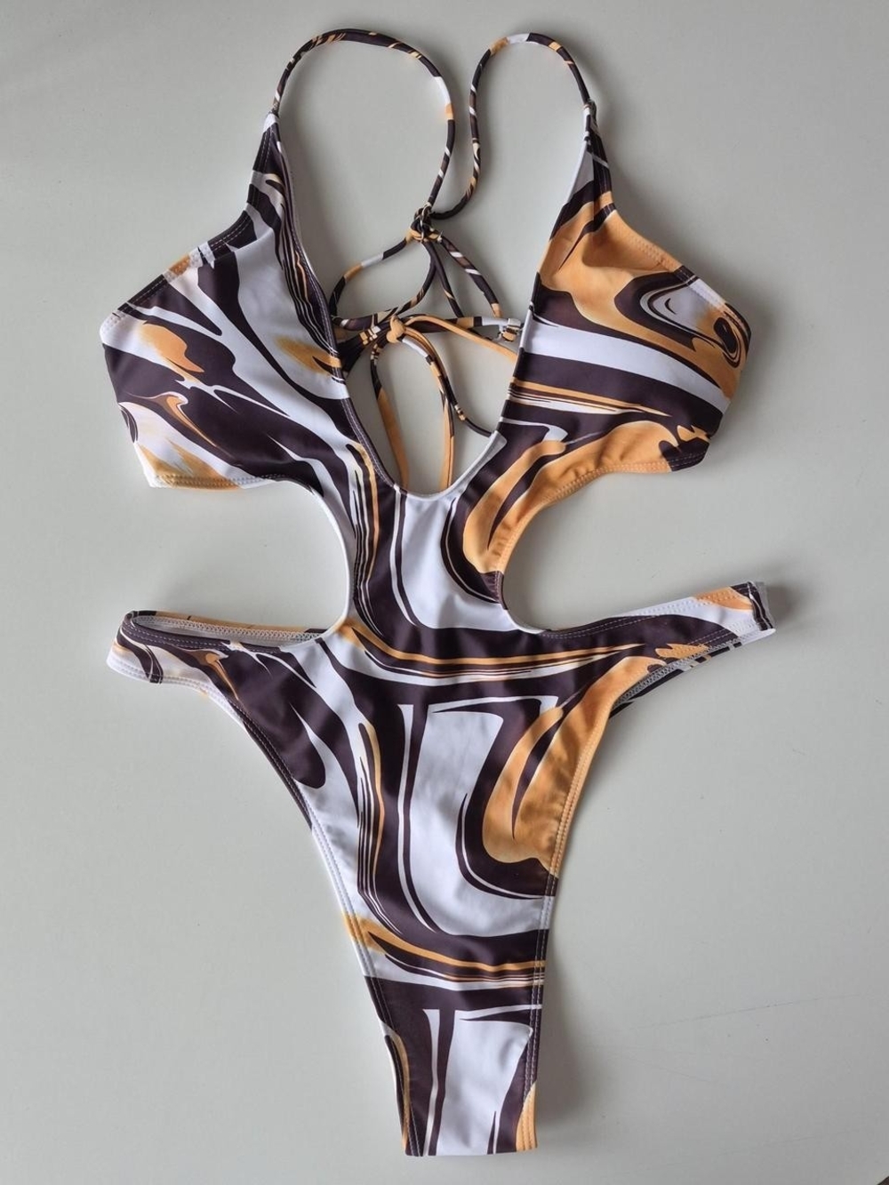 Swimsuit in White, Brown & Orange - Cutout One-Piece